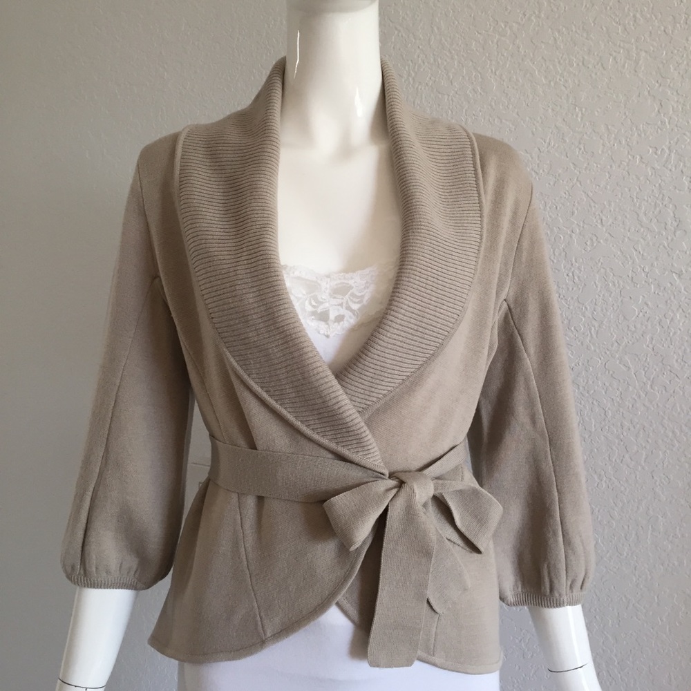 bcbgmaxazria shawl collar wrap belted sweater